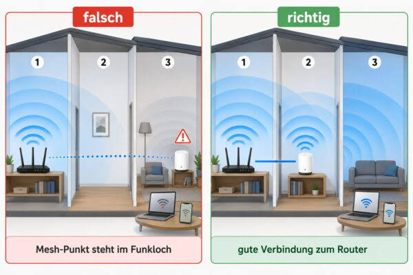 Vergleich: Mesh-Knoten falsch im Funkloch und richtig zwischen Router und Zielraum platziert